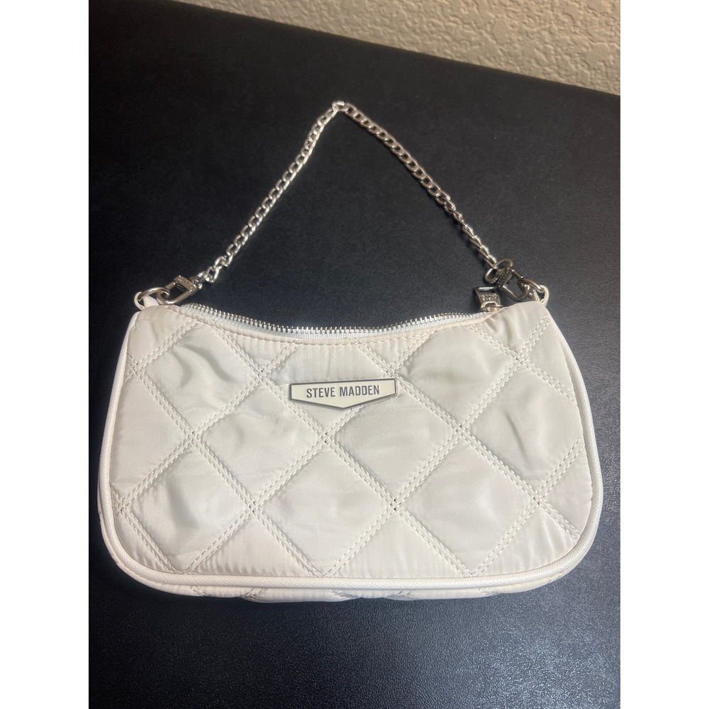 Steve Madden White Quilted Nylon Baguette Bag Chain Strap